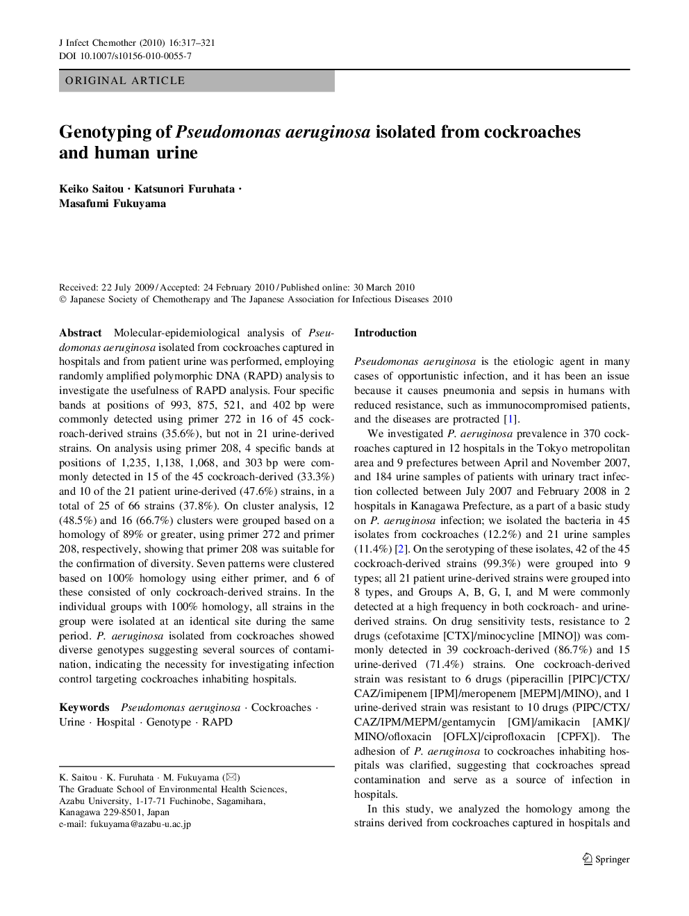 Genotyping of Pseudomonas aeruginosa isolated from cockroaches and human urine