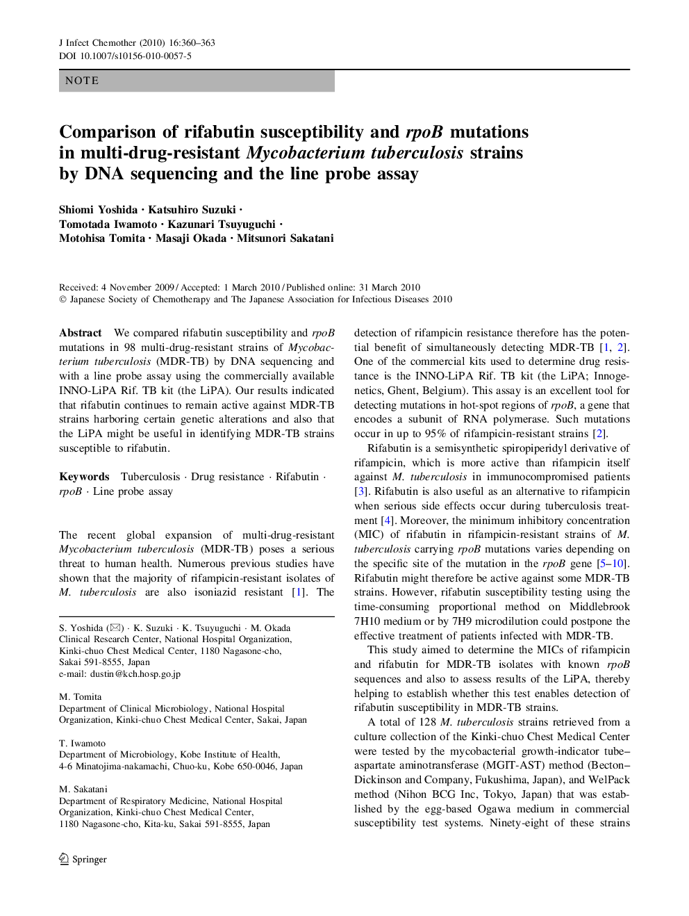 Comparison of rifabutin susceptibility and rpoB mutations in multi-drug-resistant Mycobacterium tuberculosis strains by DNA sequencing and the line probe assay