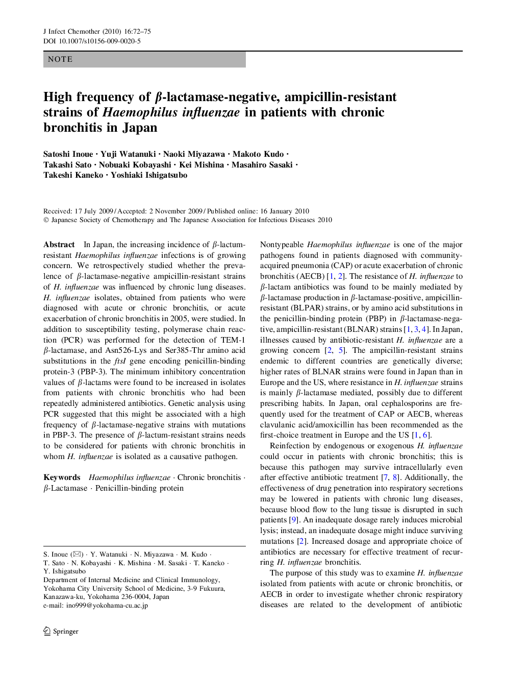 High frequency of β-lactamase-negative, ampicillin-resistant strains of Haemophilus influenzae in patients with chronic bronchitis in Japan