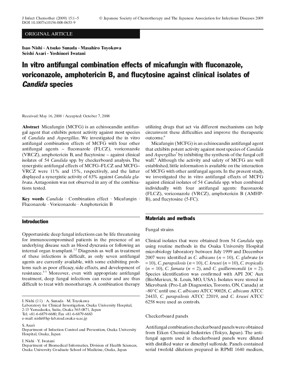 In vitro antifungal combination effects of micafungin with fluconazole, voriconazole, amphotericin B, and flucytosine against clinical isolates of Candida species