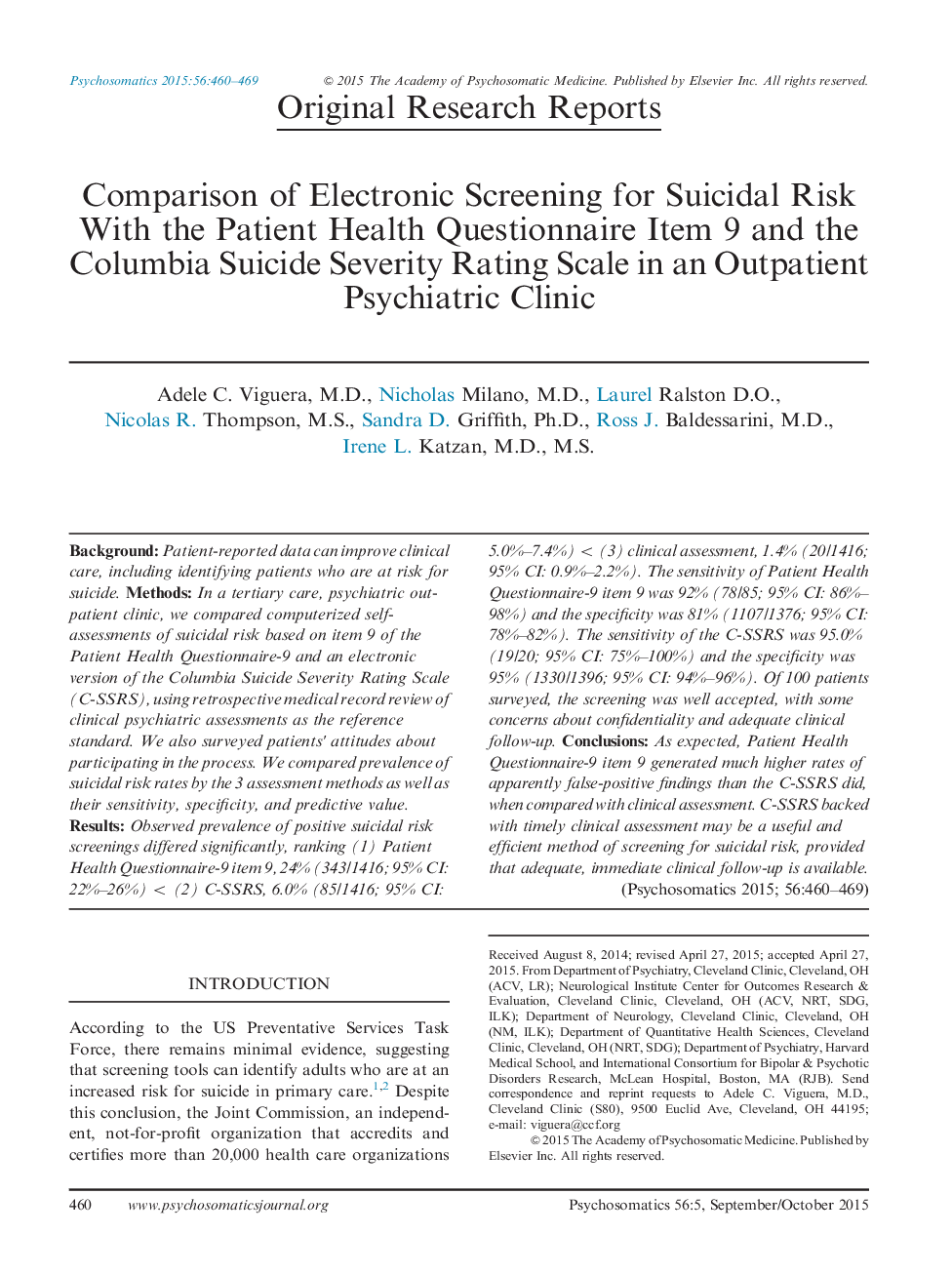 Comparison of Electronic Screening for Suicidal Risk With the Patient Health Questionnaire Item 9 and the Columbia Suicide Severity Rating Scale in an Outpatient Psychiatric Clinic