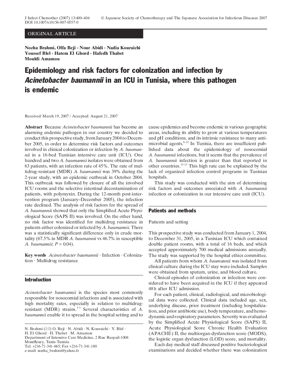 Epidemiology and risk factors for colonization and infection by Acinetobacter baumannii in an ICU in Tunisia, where this pathogen is endemic