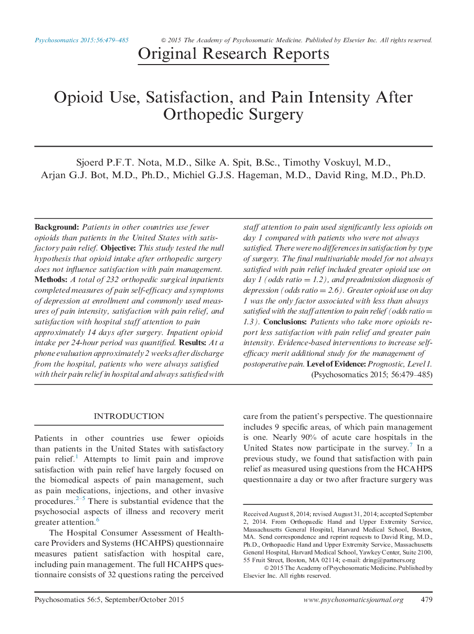 Opioid Use, Satisfaction, and Pain Intensity After Orthopedic Surgery