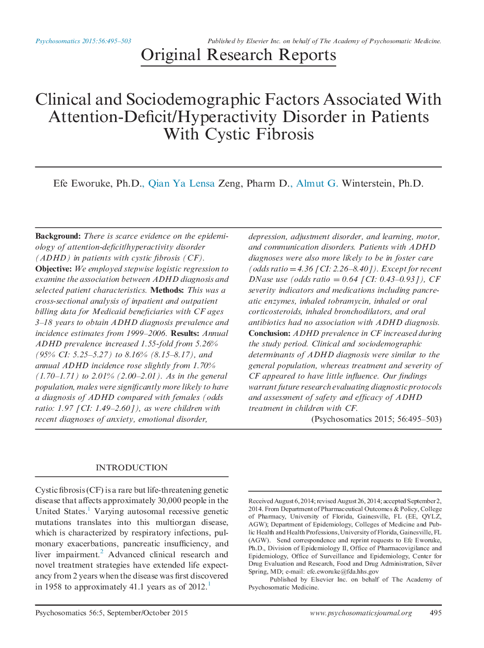 Clinical and Sociodemographic Factors Associated With Attention-Deficit/Hyperactivity Disorder in Patients With Cystic Fibrosis