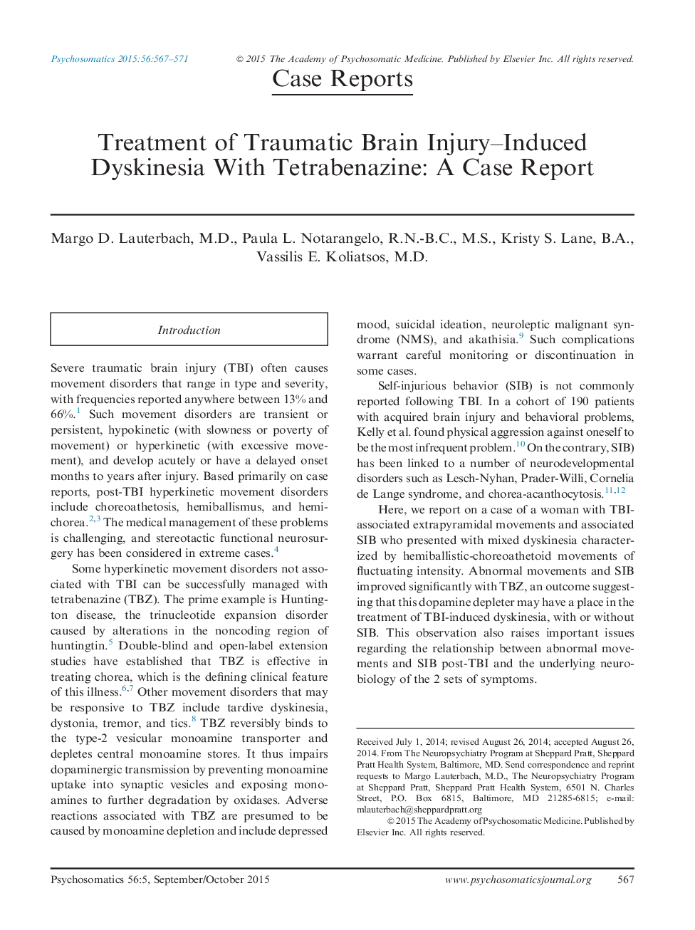 Treatment of Traumatic Brain Injury-Induced Dyskinesia With Tetrabenazine: A Case Report