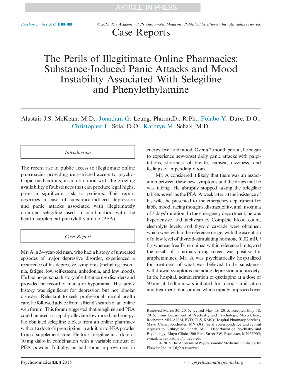 The Perils of Illegitimate Online Pharmacies: Substance-Induced Panic Attacks and Mood Instability Associated With Selegiline and Phenylethylamine