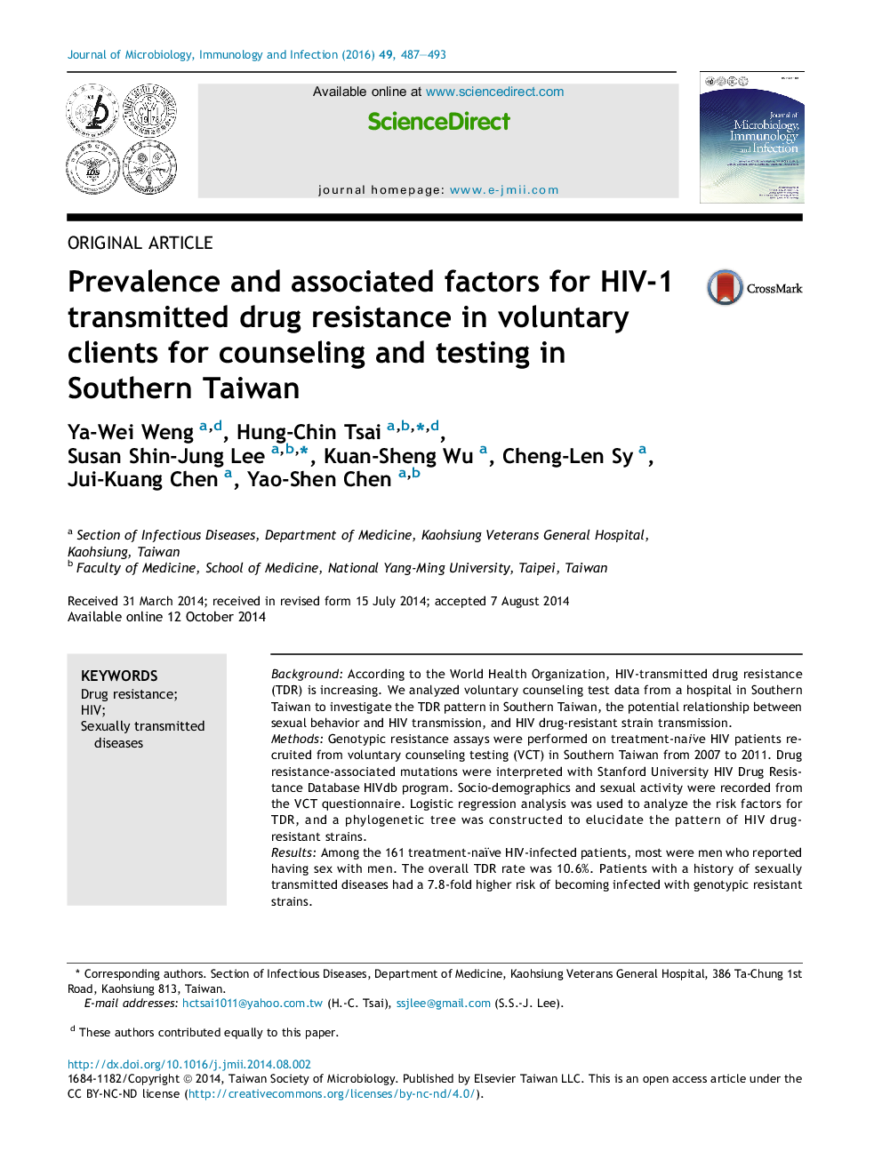 عکس صفحه اول مقاله: Prevalence and associated factors for HIV-1 transmitted drug resistance in voluntary clients for counseling and testing in Southern Taiwan Prevalence and associated factors for HIV-1 transmitted drug resistance in voluntary clients for counseling and testing in Southern Taiwan