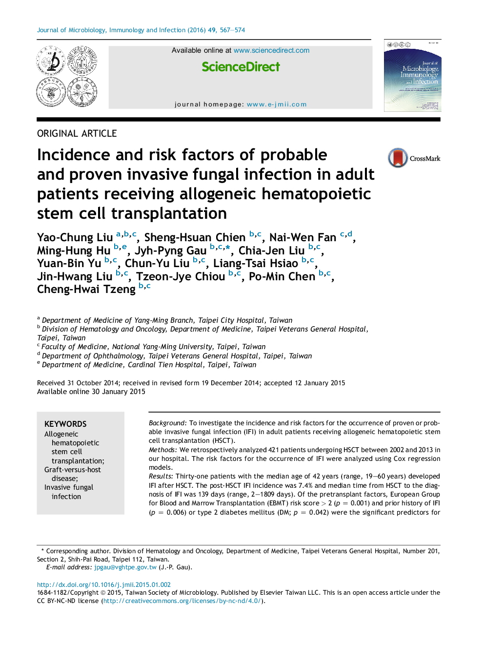 Incidence and risk factors of probable and proven invasive fungal infection in adult patients receiving allogeneic hematopoietic stem cell transplantation