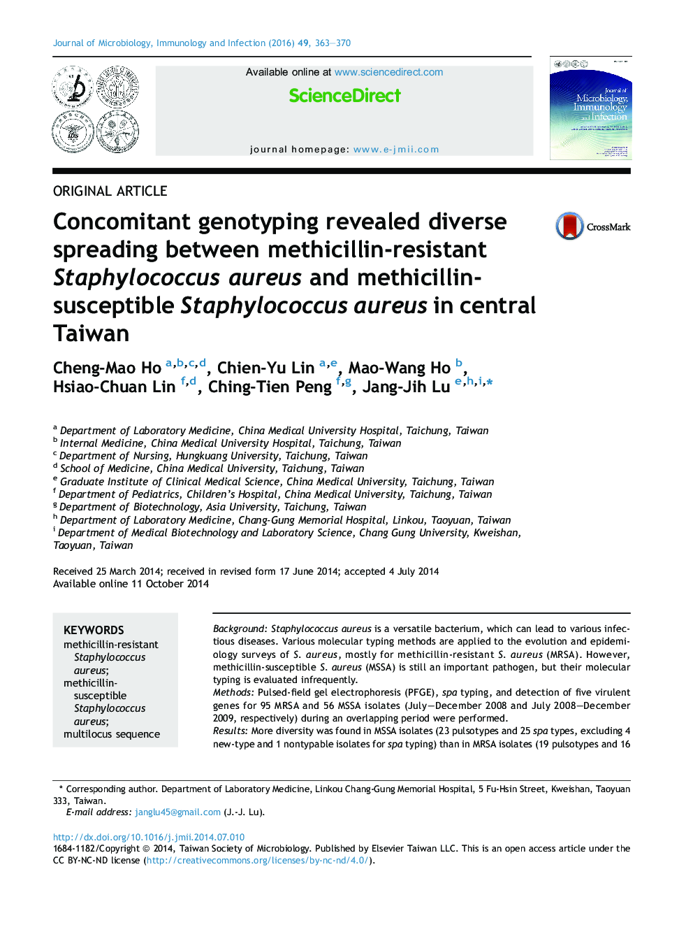 همزمان سازی ژنوتیپ ها نشان دهنده گسترش متنوعی از استافیلوکوکوس اورئوس مقاوم به متسییلین و استافیلوکوک اورئوس حساس به متسییلین در مرکز تایوان 