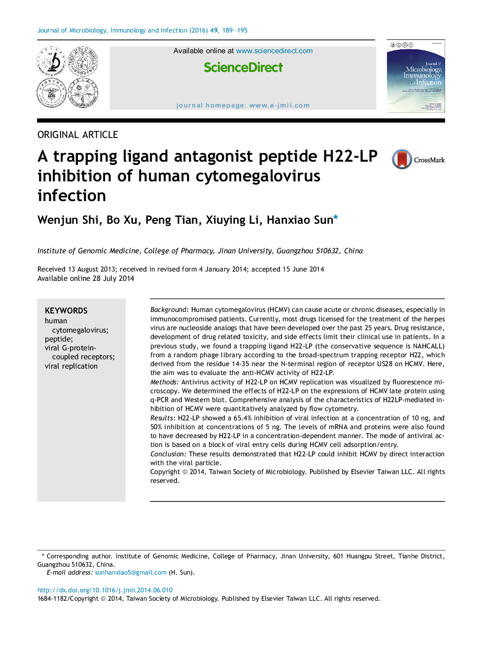 A trapping ligand antagonist peptide H22-LP inhibition of human cytomegalovirus infection