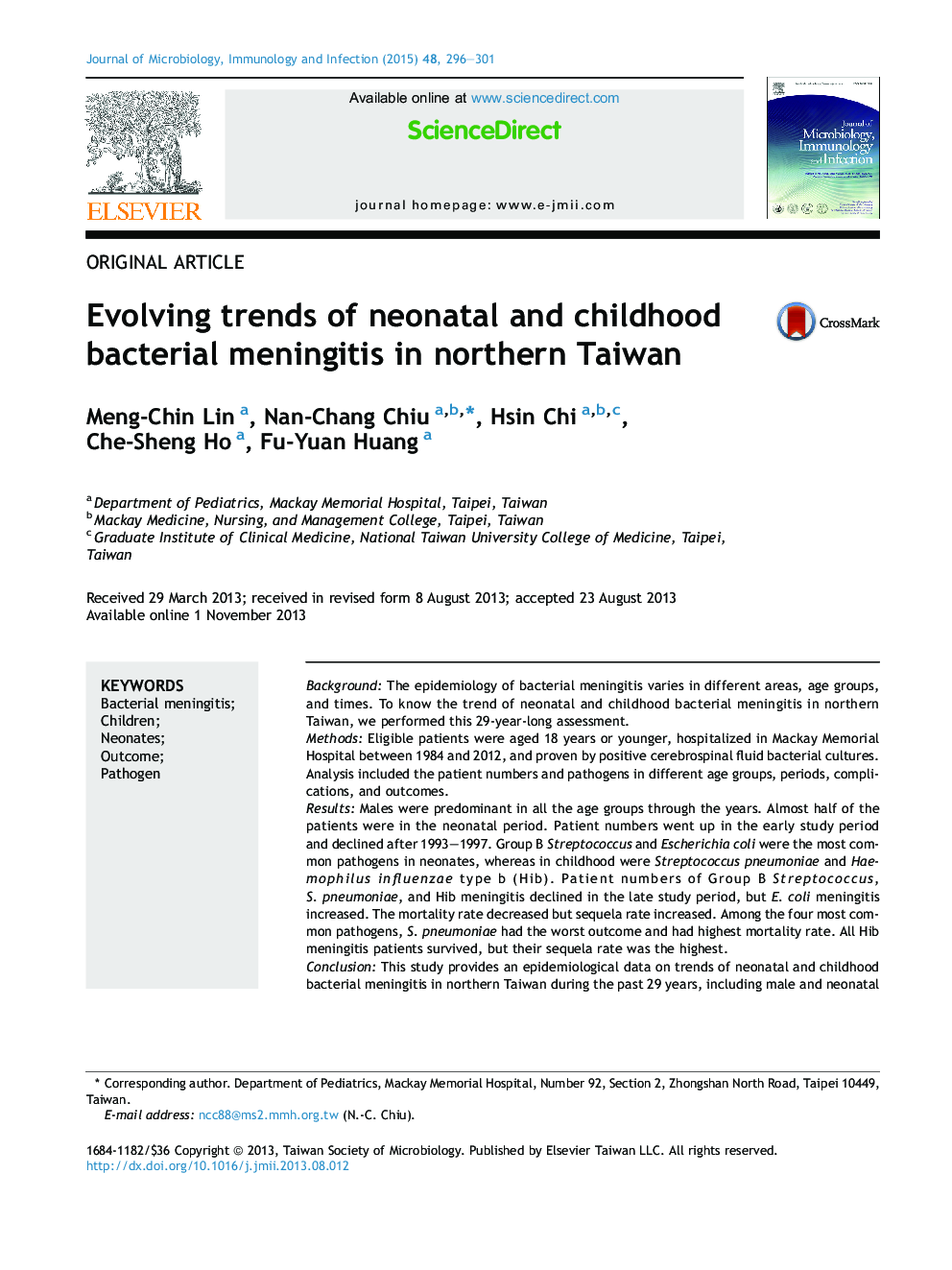 Evolving trends of neonatal and childhood bacterial meningitis in northern Taiwan