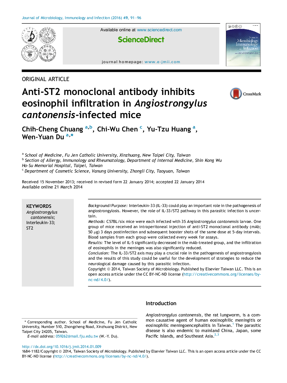 Anti-ST2 monoclonal antibody inhibits eosinophil infiltration in Angiostrongylus cantonensis-infected mice