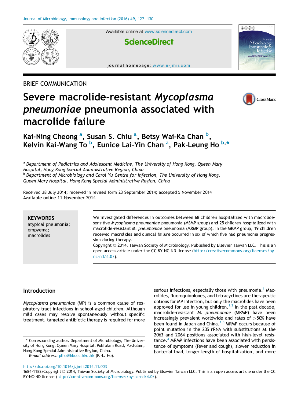 Severe macrolide-resistant Mycoplasma pneumoniae pneumonia associated with macrolide failure