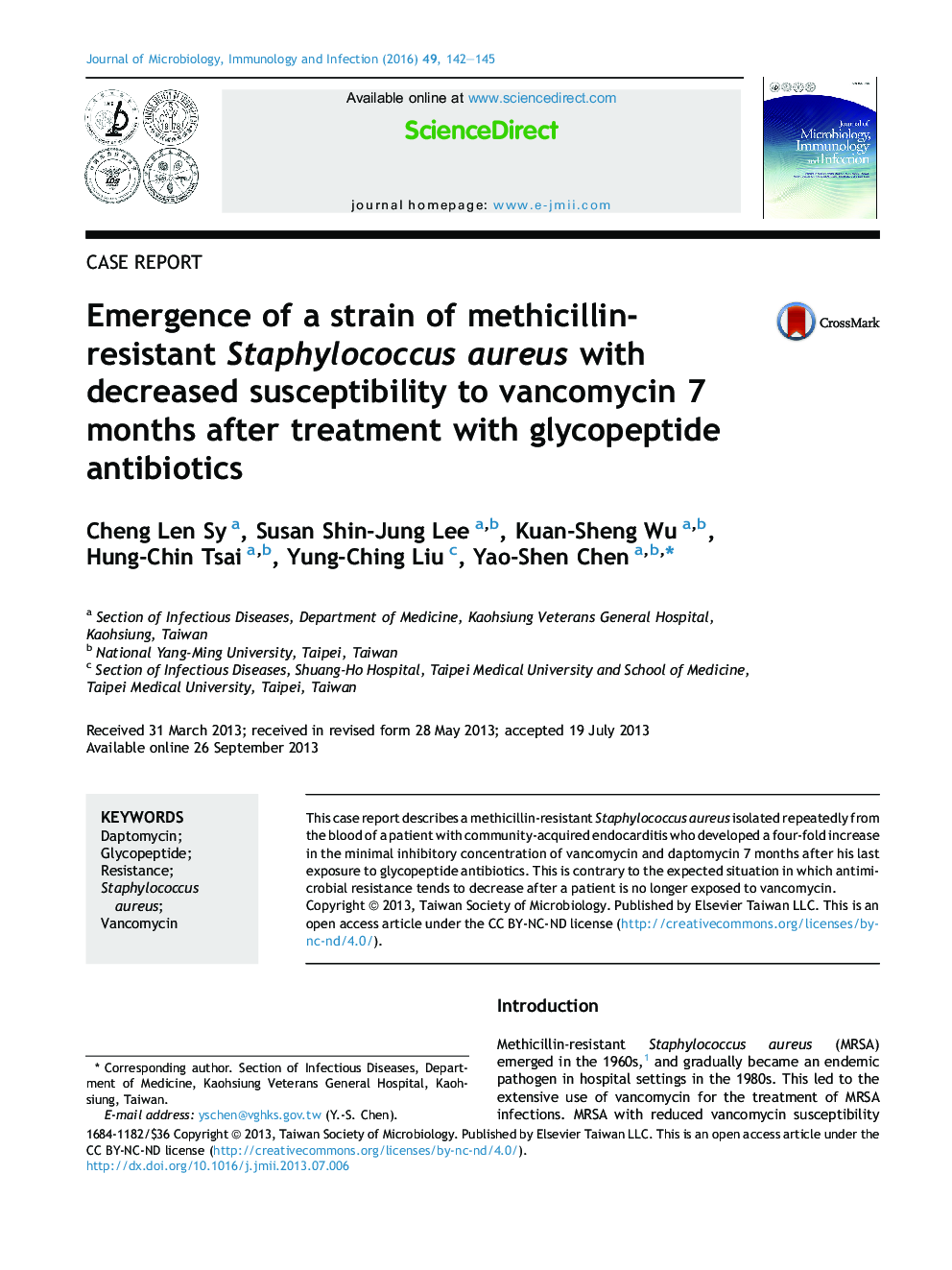 Emergence of a strain of methicillin-resistant Staphylococcus aureus with decreased susceptibility to vancomycin 7 months after treatment with glycopeptide antibiotics