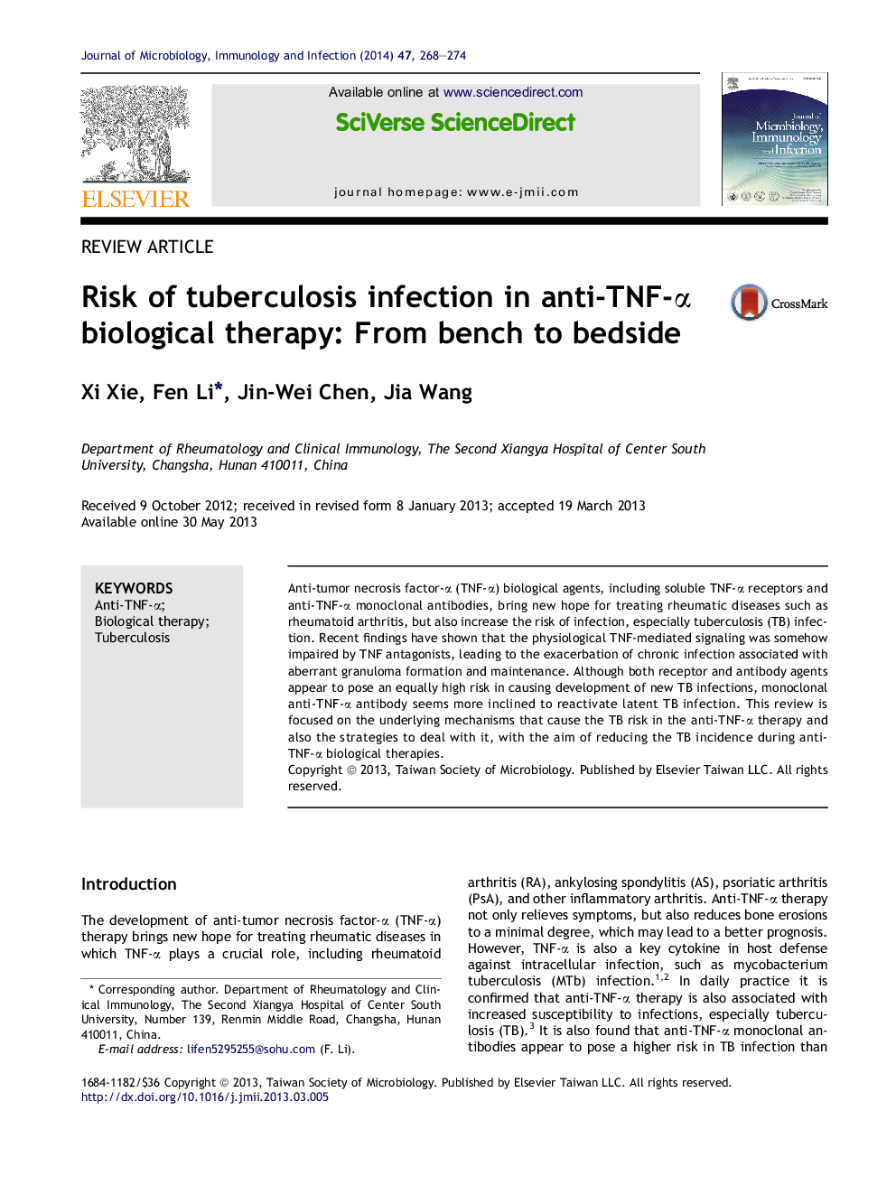 Risk of tuberculosis infection in anti-TNF-α biological therapy: From bench to bedside