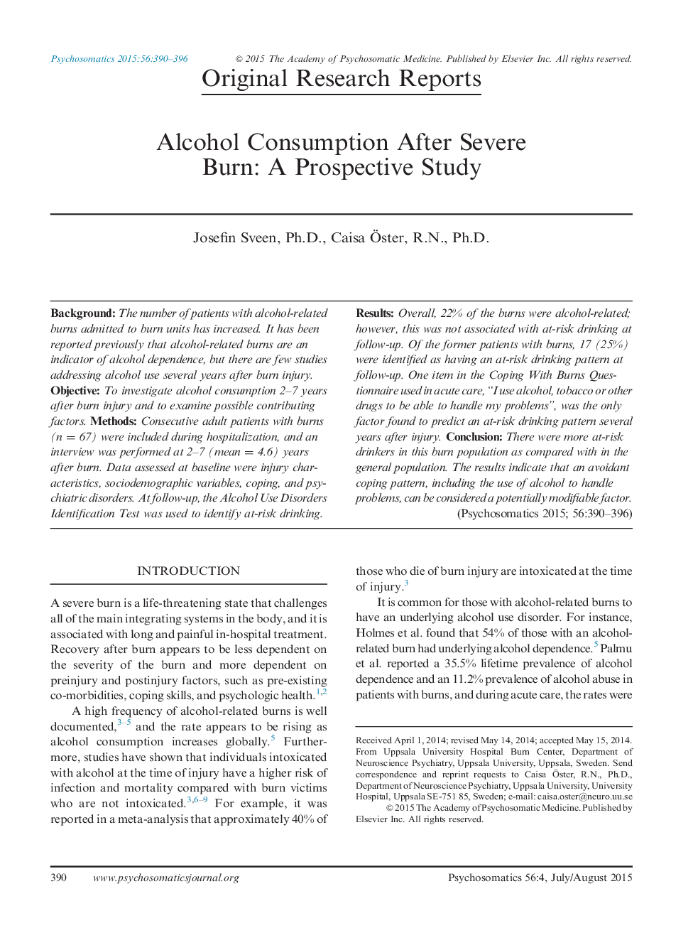 Alcohol Consumption After Severe Burn: A Prospective Study