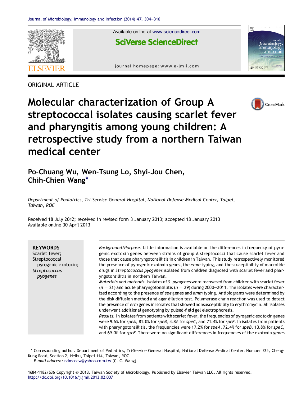 Molecular characterization of Group A streptococcal isolates causing scarlet fever and pharyngitis among young children: A retrospective study from a northern Taiwan medical center