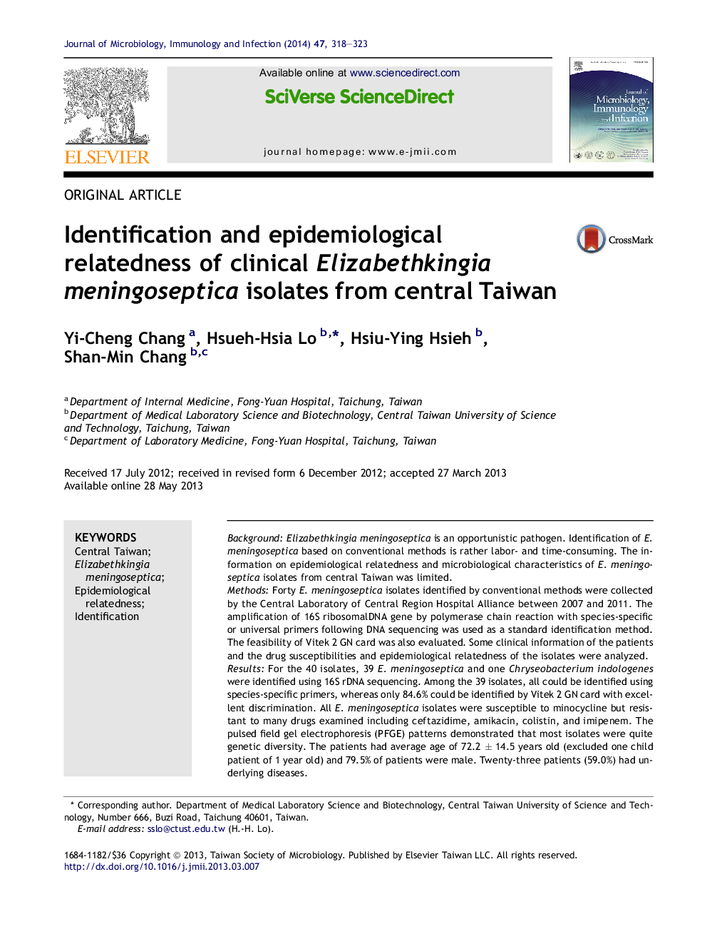 Identification and epidemiological relatedness of clinical Elizabethkingia meningoseptica isolates from central Taiwan