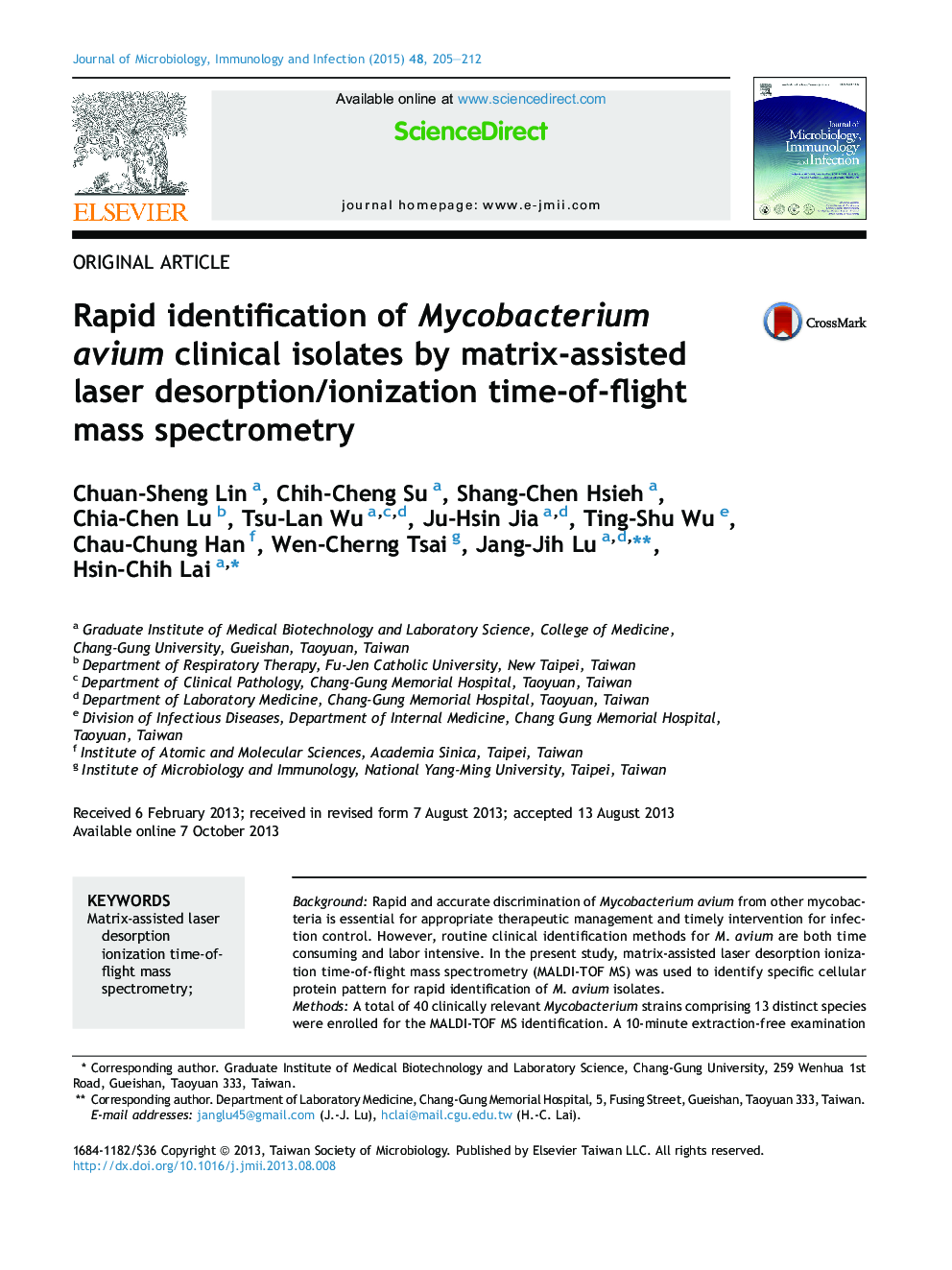 Rapid identification of Mycobacterium avium clinical isolates by matrix-assisted laser desorption/ionization time-of-flight mass spectrometry