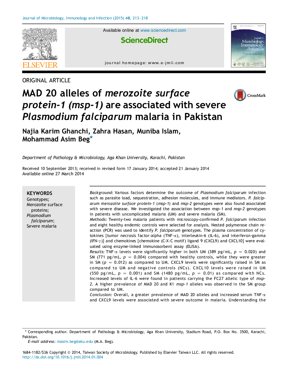 MAD 20 alleles of merozoite surface protein-1 (msp-1) are associated with severe Plasmodium falciparum malaria in Pakistan