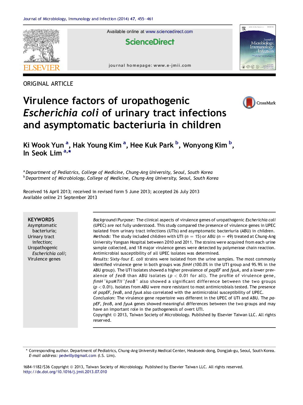 Virulence factors of uropathogenic Escherichia coli of urinary tract infections and asymptomatic bacteriuria in children