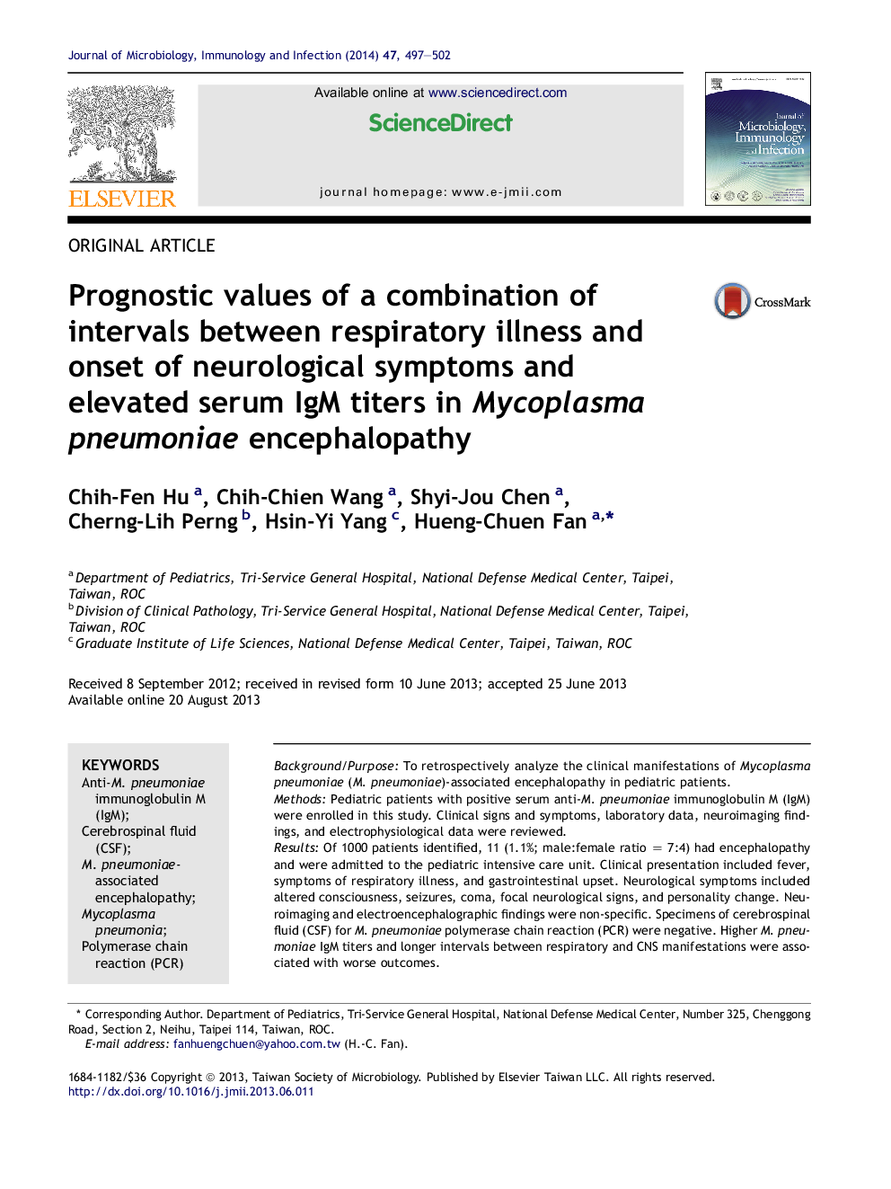 Prognostic values of a combination of intervals between respiratory illness and onset of neurological symptoms and elevated serum IgM titers in Mycoplasma pneumoniae encephalopathy