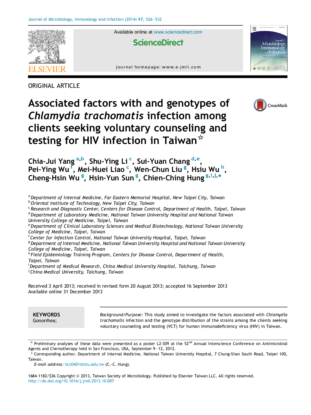 Associated factors with and genotypes of Chlamydia trachomatis infection among clients seeking voluntary counseling and testing for HIV infection in Taiwan 