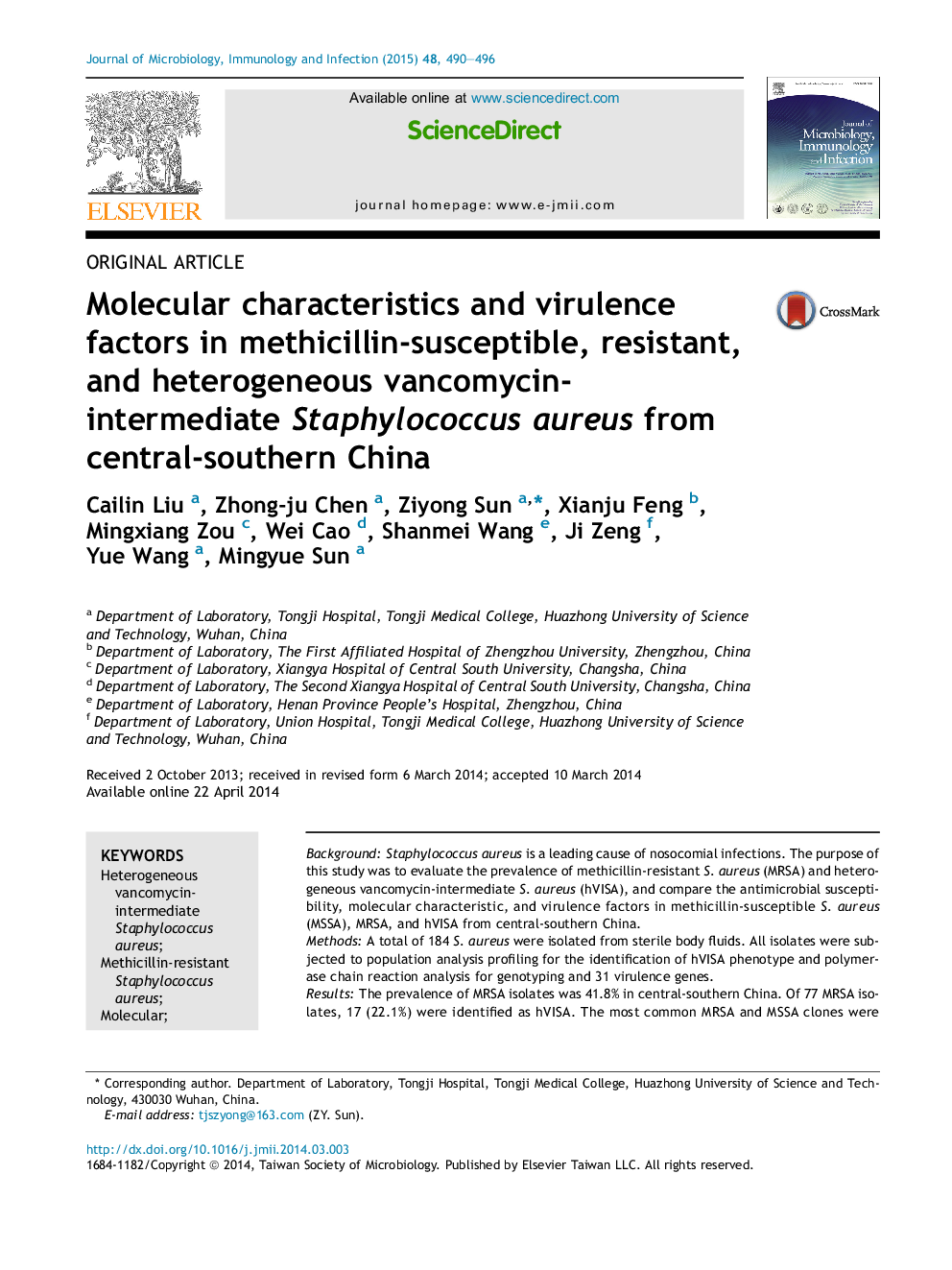 Molecular characteristics and virulence factors in methicillin-susceptible, resistant, and heterogeneous vancomycin-intermediate Staphylococcus aureus from central-southern China