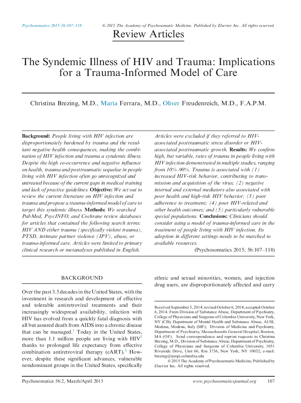 The Syndemic Illness of HIV and Trauma: Implications for a Trauma-Informed Model of Care