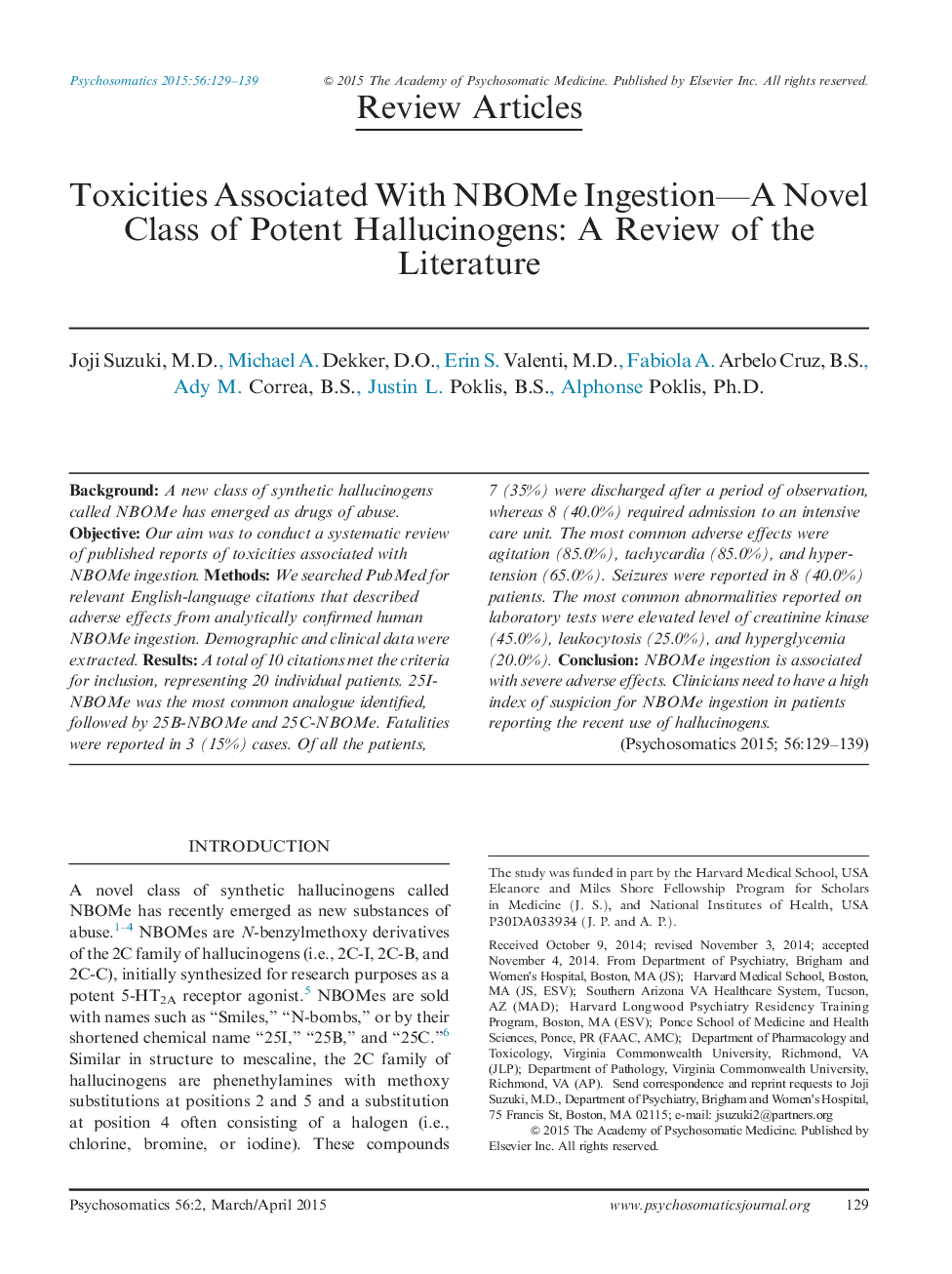 Toxicities Associated With NBOMe Ingestion—A Novel Class of Potent Hallucinogens: A Review of the Literature 