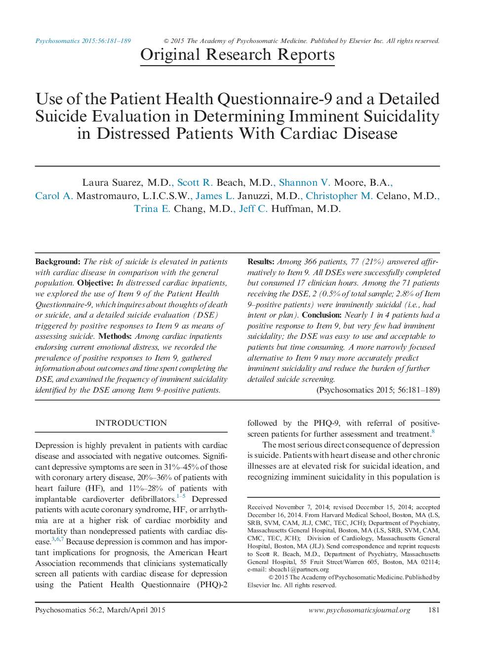 Use of the Patient Health Questionnaire-9 and a Detailed Suicide Evaluation in Determining Imminent Suicidality in Distressed Patients With Cardiac Disease