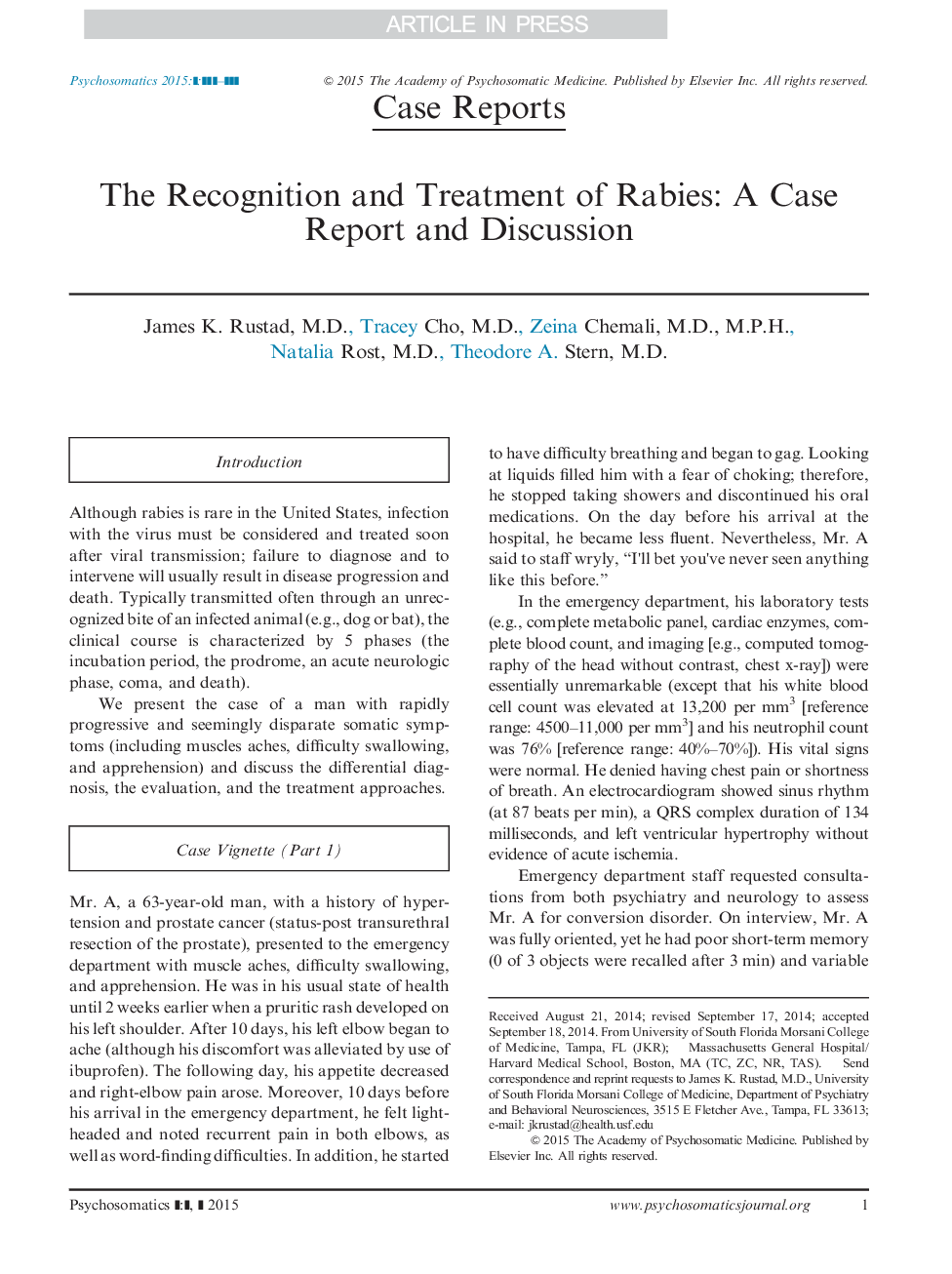 The Recognition and Treatment of Rabies: A Case Report and Discussion