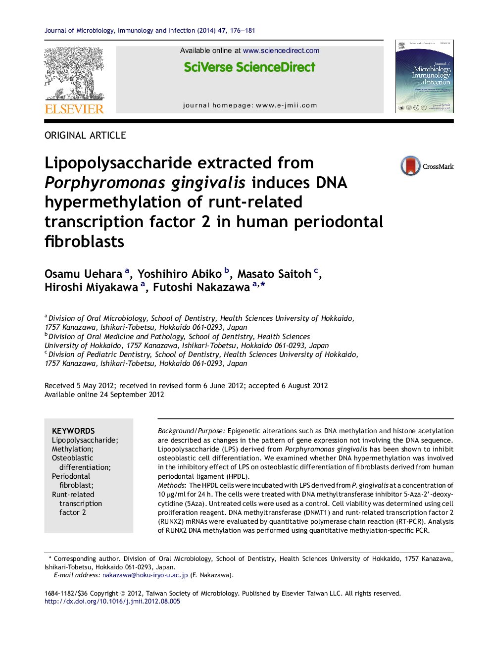 Lipopolysaccharide extracted from Porphyromonas gingivalis induces DNA hypermethylation of runt-related transcription factor 2 in human periodontal fibroblasts