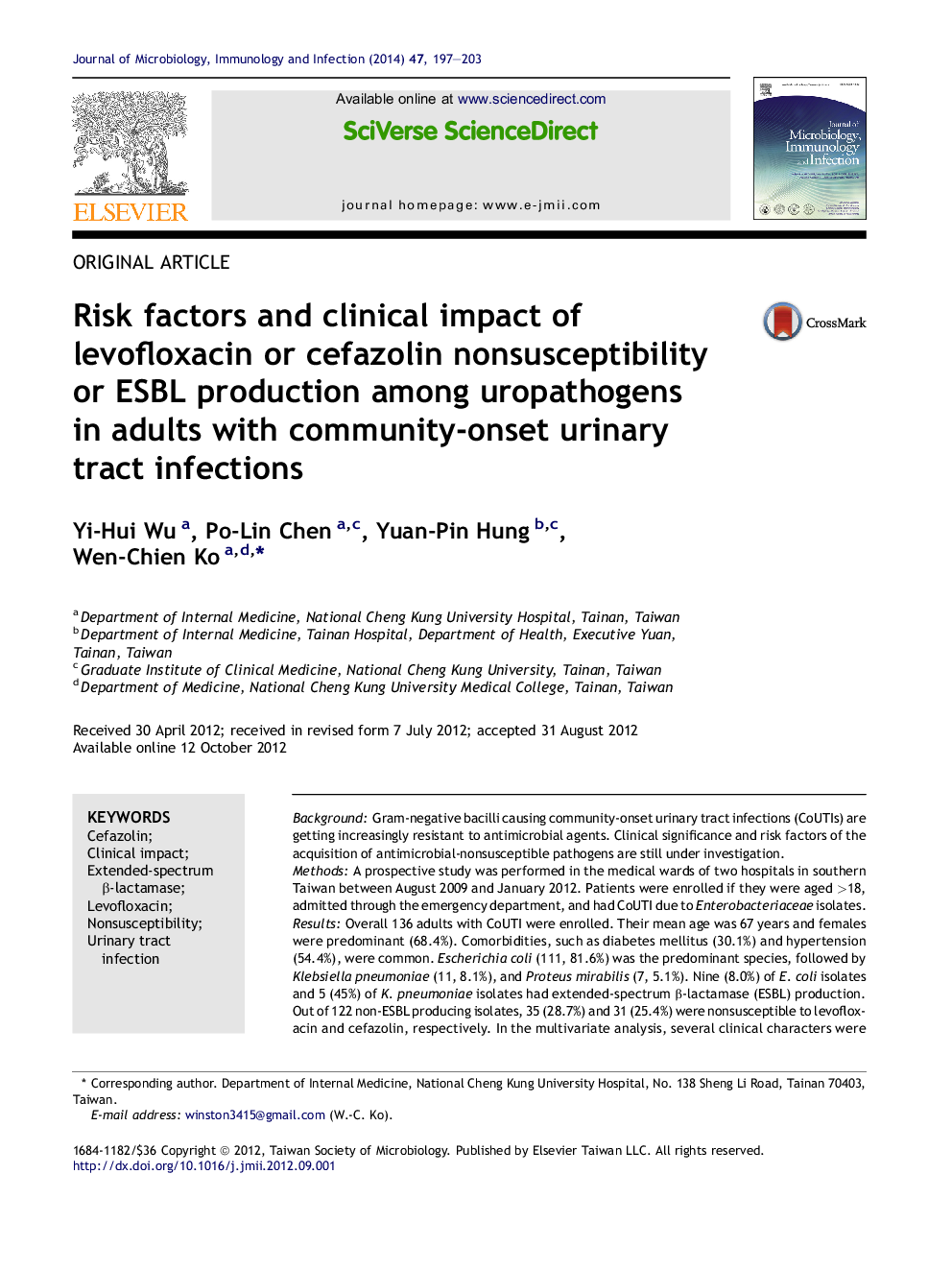 Risk factors and clinical impact of levofloxacin or cefazolin nonsusceptibility or ESBL production among uropathogens in adults with community-onset urinary tract infections