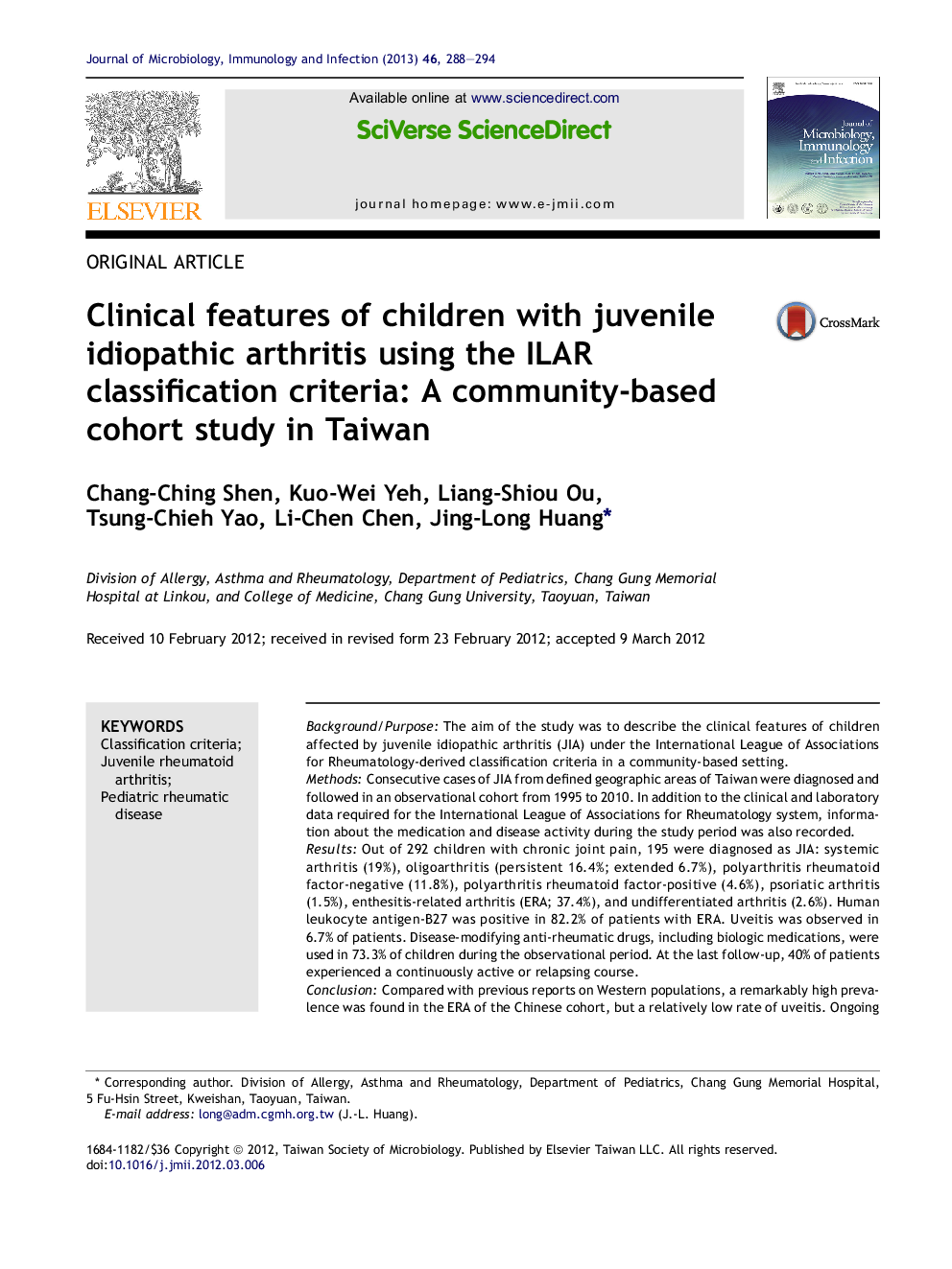 Clinical features of children with juvenile idiopathic arthritis using the ILAR classification criteria: A community-based cohort study in Taiwan