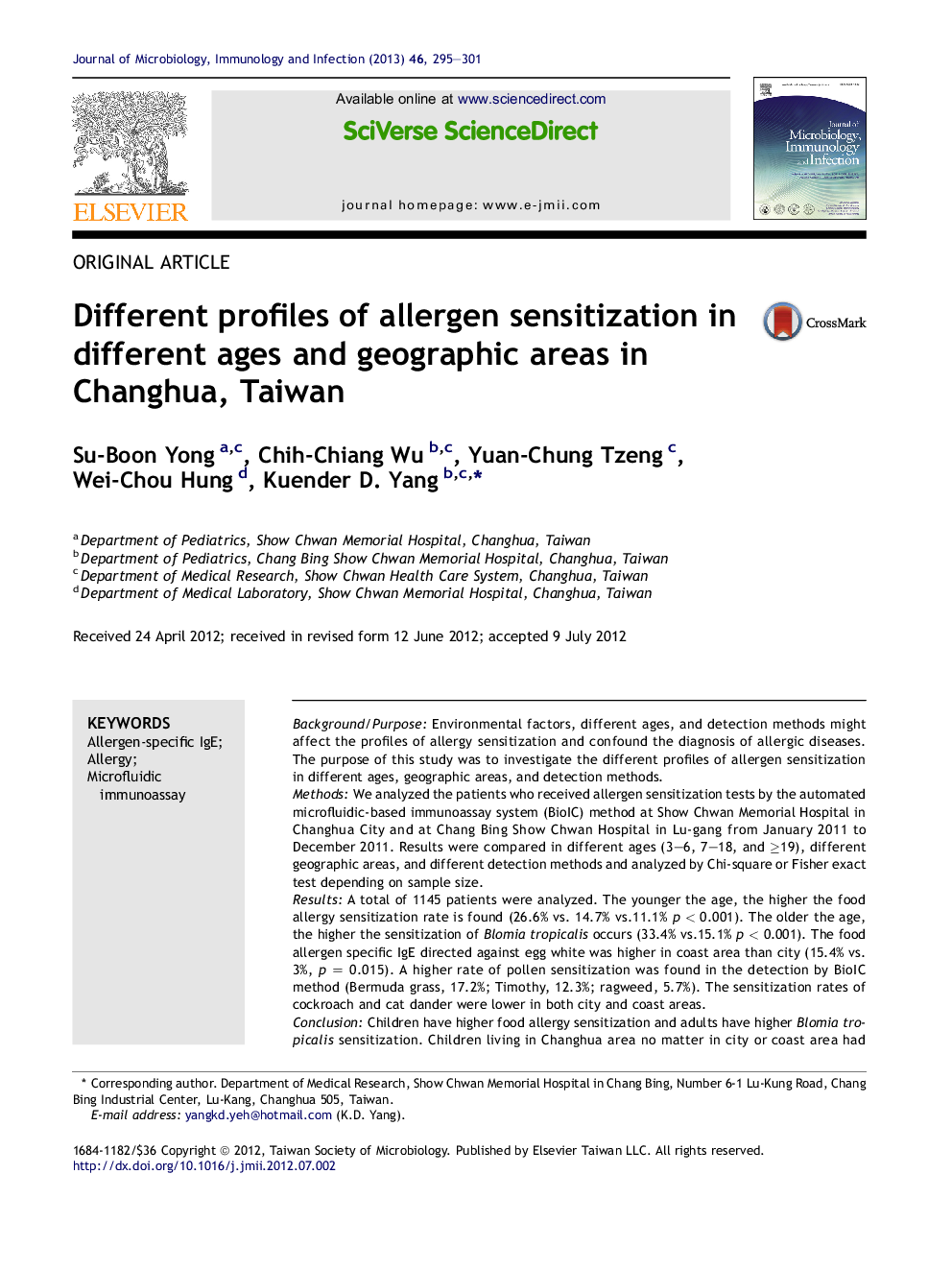 Different profiles of allergen sensitization in different ages and geographic areas in Changhua, Taiwan