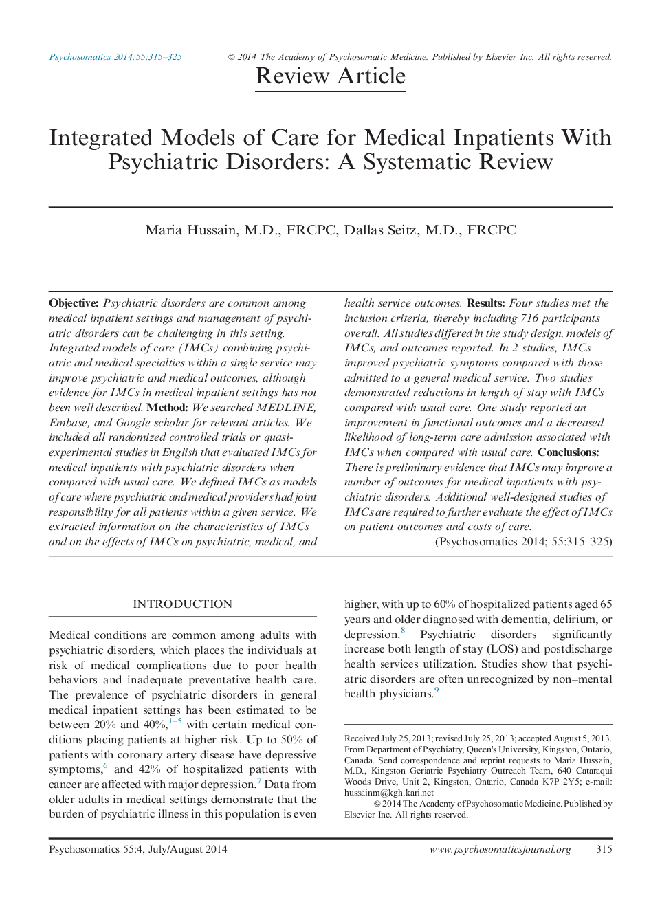 Integrated Models of Care for Medical Inpatients With Psychiatric Disorders: A Systematic Review