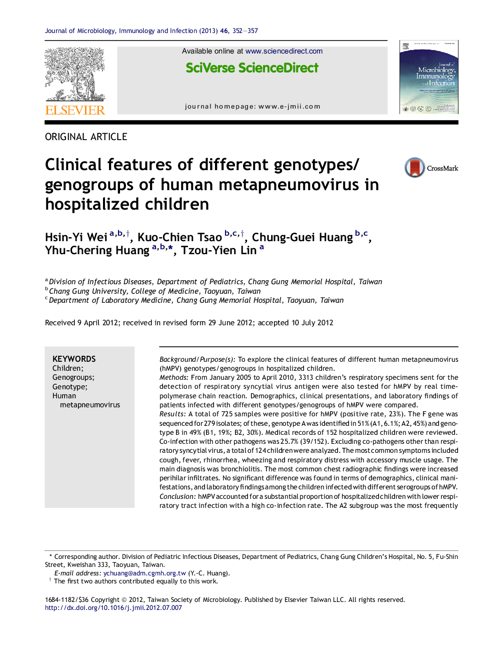 Clinical features of different genotypes/genogroups of human metapneumovirus in hospitalized children