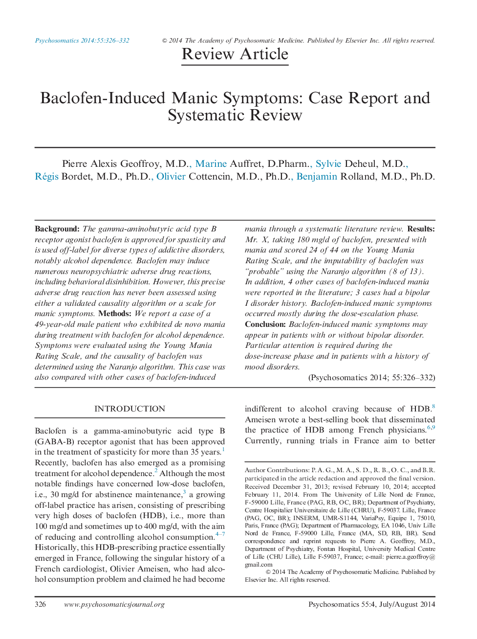 Baclofen-Induced Manic Symptoms: Case Report and Systematic Review 
