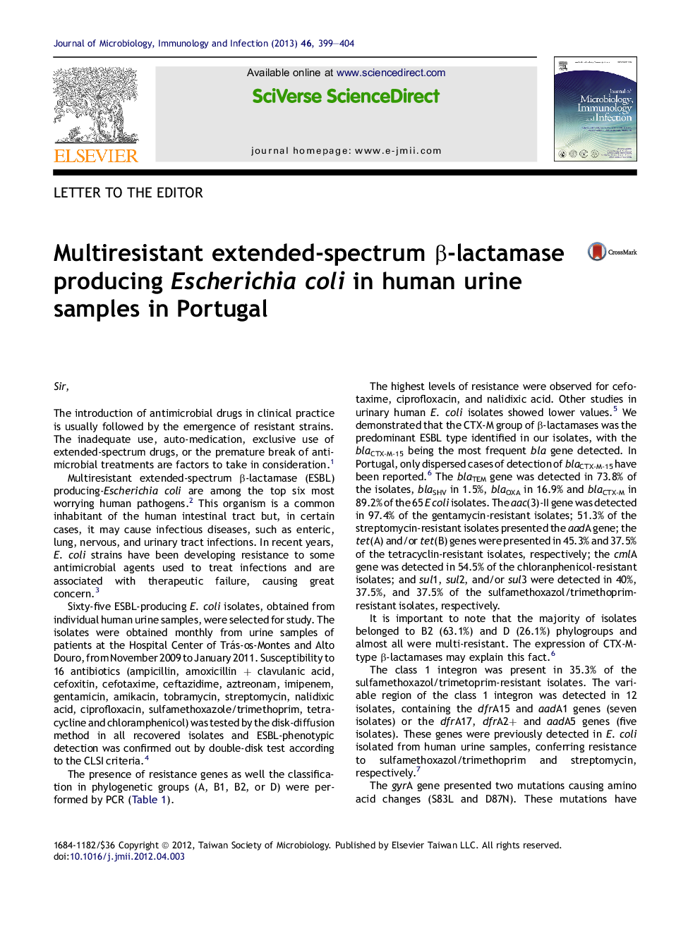 Multiresistant extended-spectrum Î²-lactamase producing Escherichia coli in human urine samples in Portugal