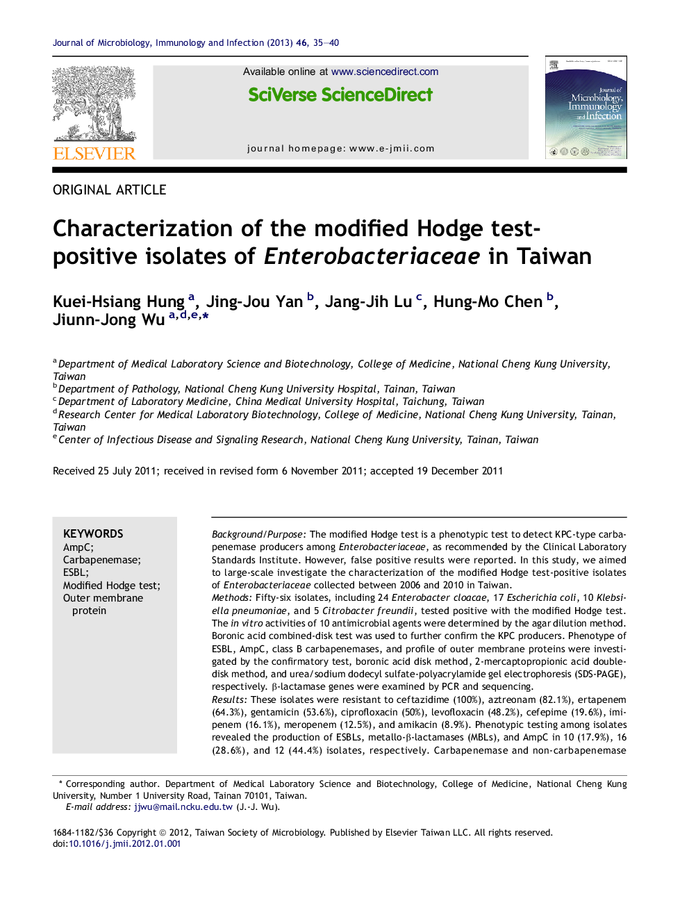 Characterization of the modified Hodge test-positive isolates of Enterobacteriaceae in Taiwan