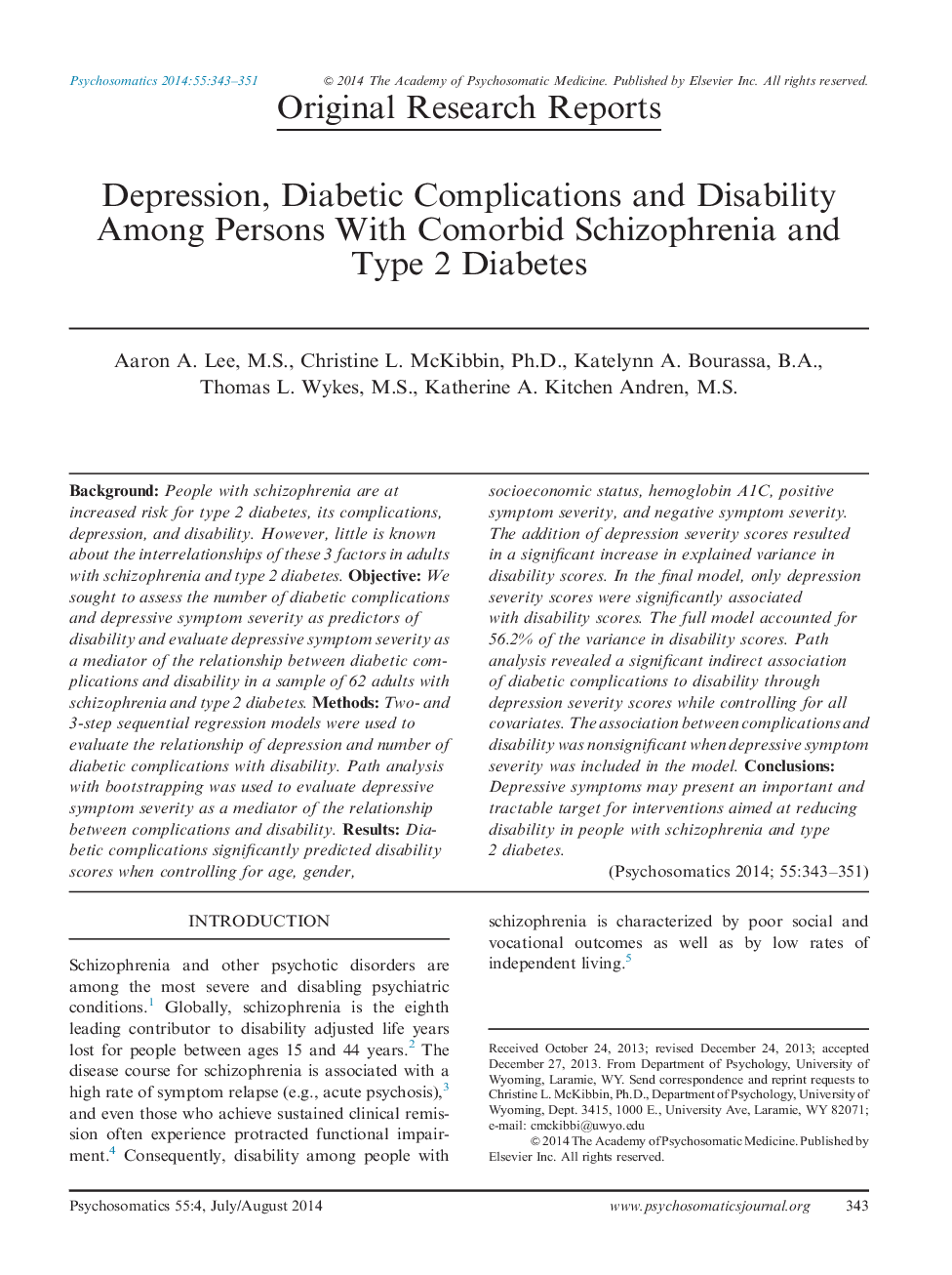 Depression, Diabetic Complications and Disability Among Persons With Comorbid Schizophrenia and Type 2 Diabetes