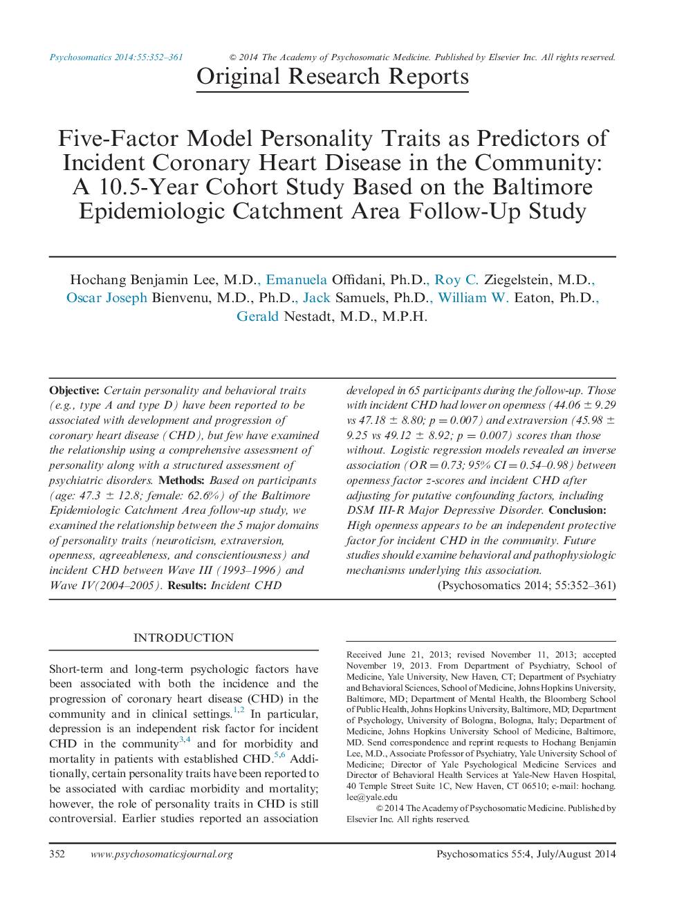 Five-Factor Model Personality Traits as Predictors of Incident Coronary Heart Disease in the Community: A 10.5-Year Cohort Study Based on the Baltimore Epidemiologic Catchment Area Follow-Up Study