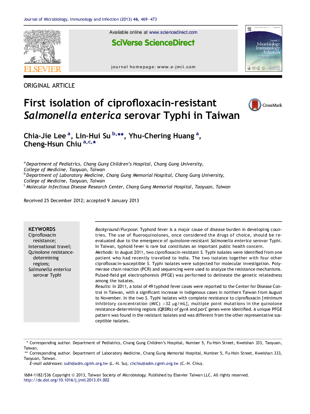 First isolation of ciprofloxacin-resistant Salmonella enterica serovar Typhi in Taiwan