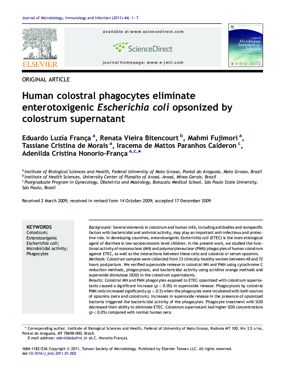 Human colostral phagocytes eliminate enterotoxigenic Escherichia coli opsonized by colostrum supernatant