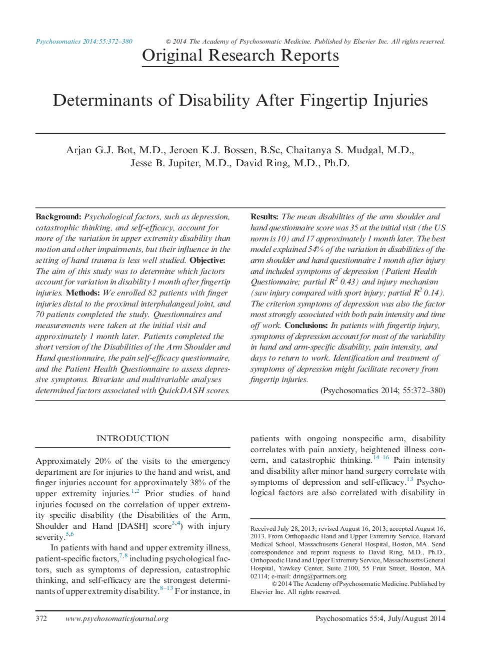 Determinants of Disability After Fingertip Injuries