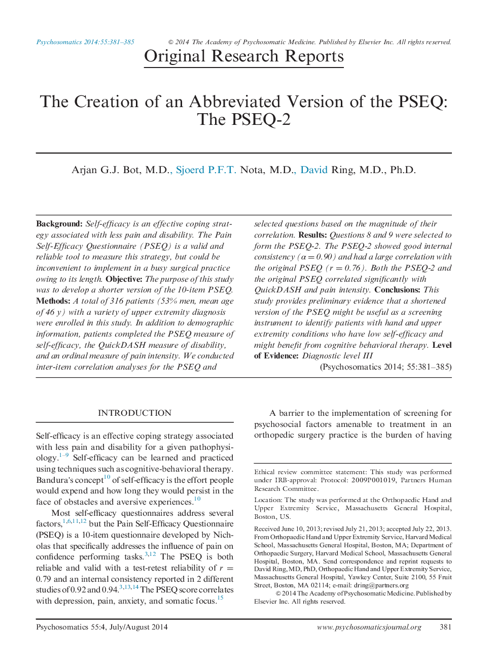 The Creation of an Abbreviated Version of the PSEQ: The PSEQ-2 