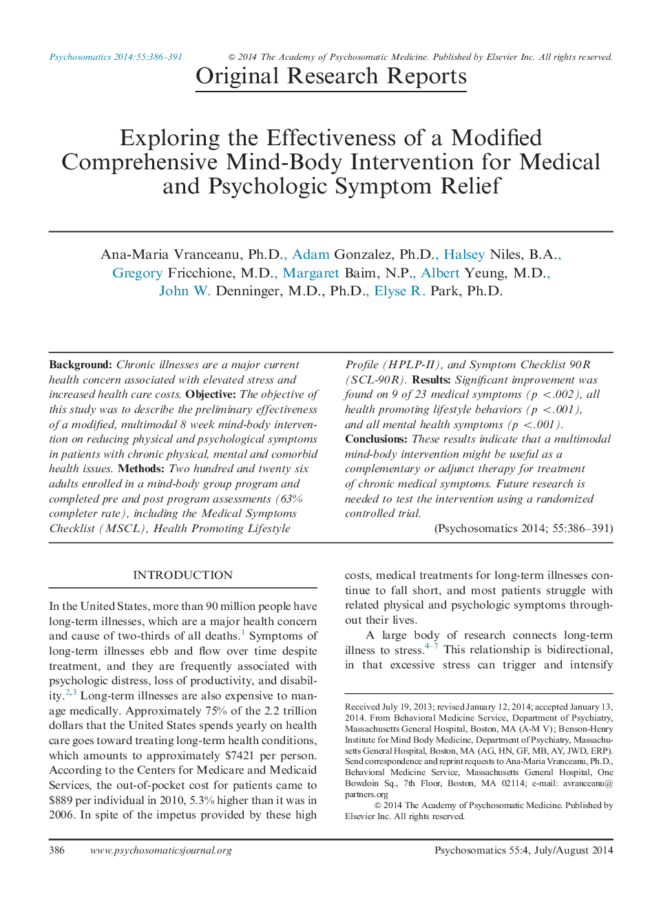 Exploring the Effectiveness of a Modified Comprehensive Mind-Body Intervention for Medical and Psychologic Symptom Relief