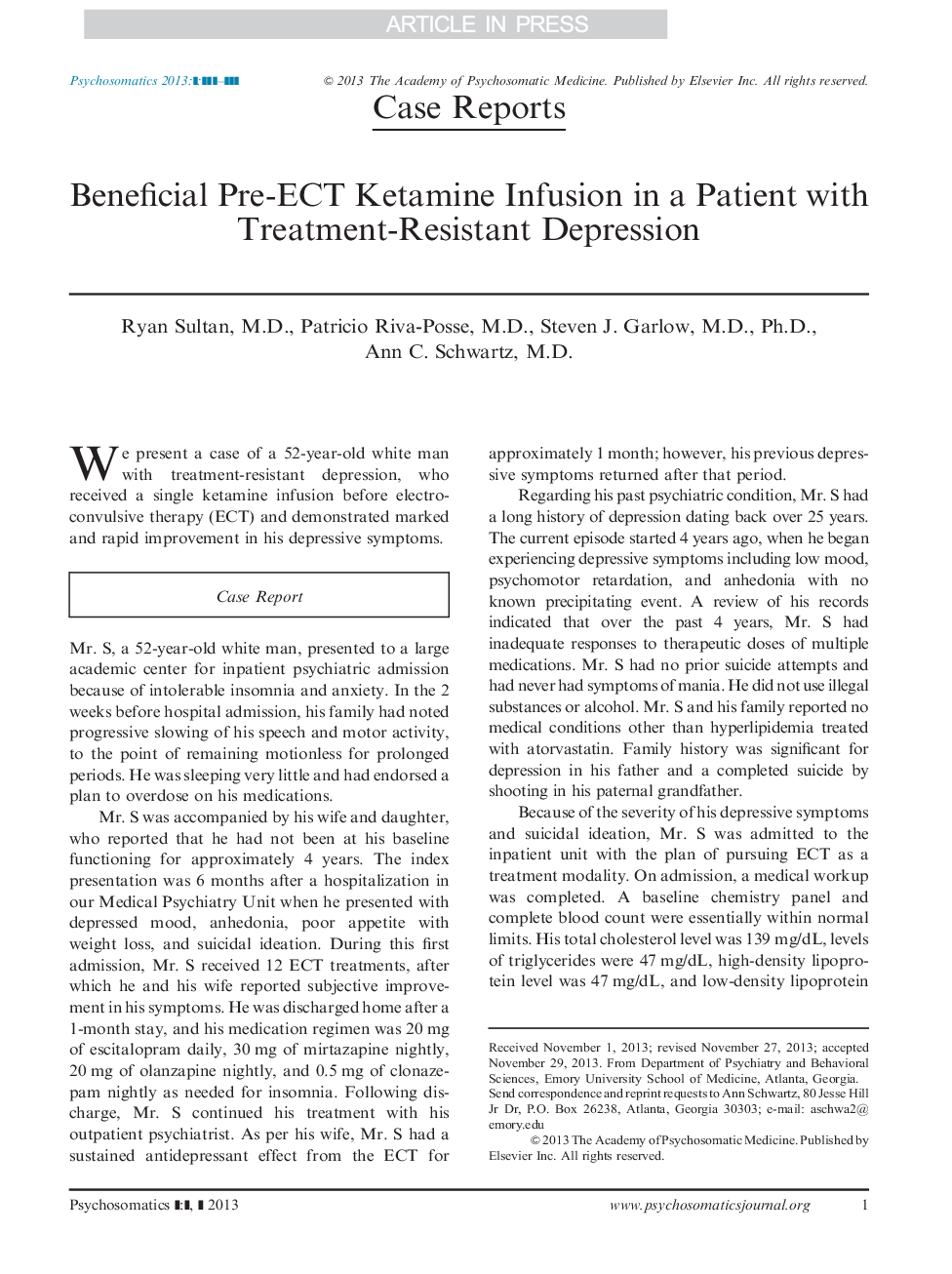 Beneficial Pre-ECT Ketamine Infusion in a Patient with Treatment-Resistant Depression
