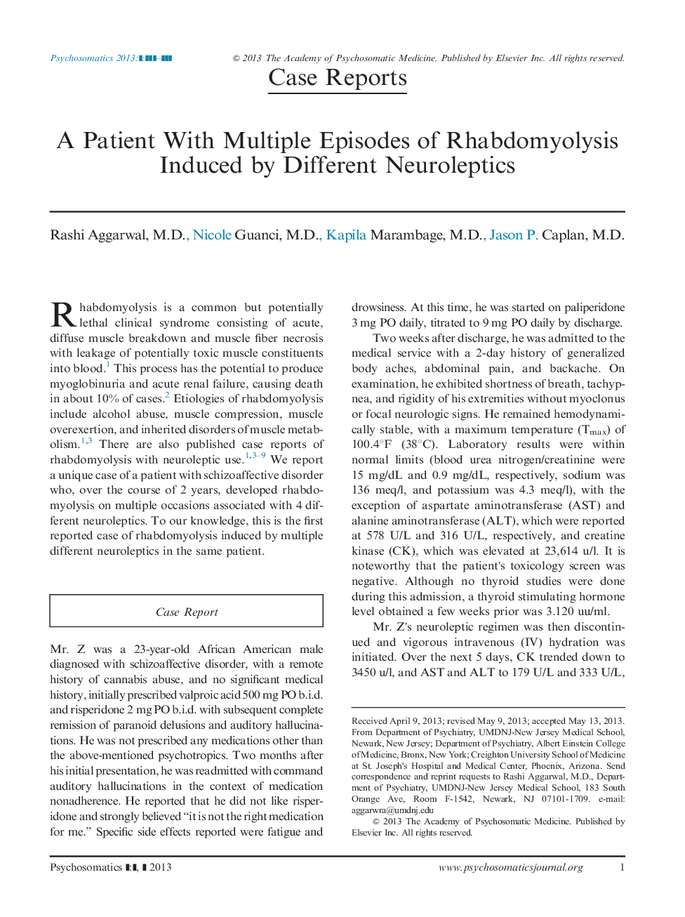 A Patient With Multiple Episodes of Rhabdomyolysis Induced by Different Neuroleptics